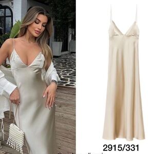 Zara Midi Satin Camisole Slip Dress Gold Womens Size M New (with Pulls)